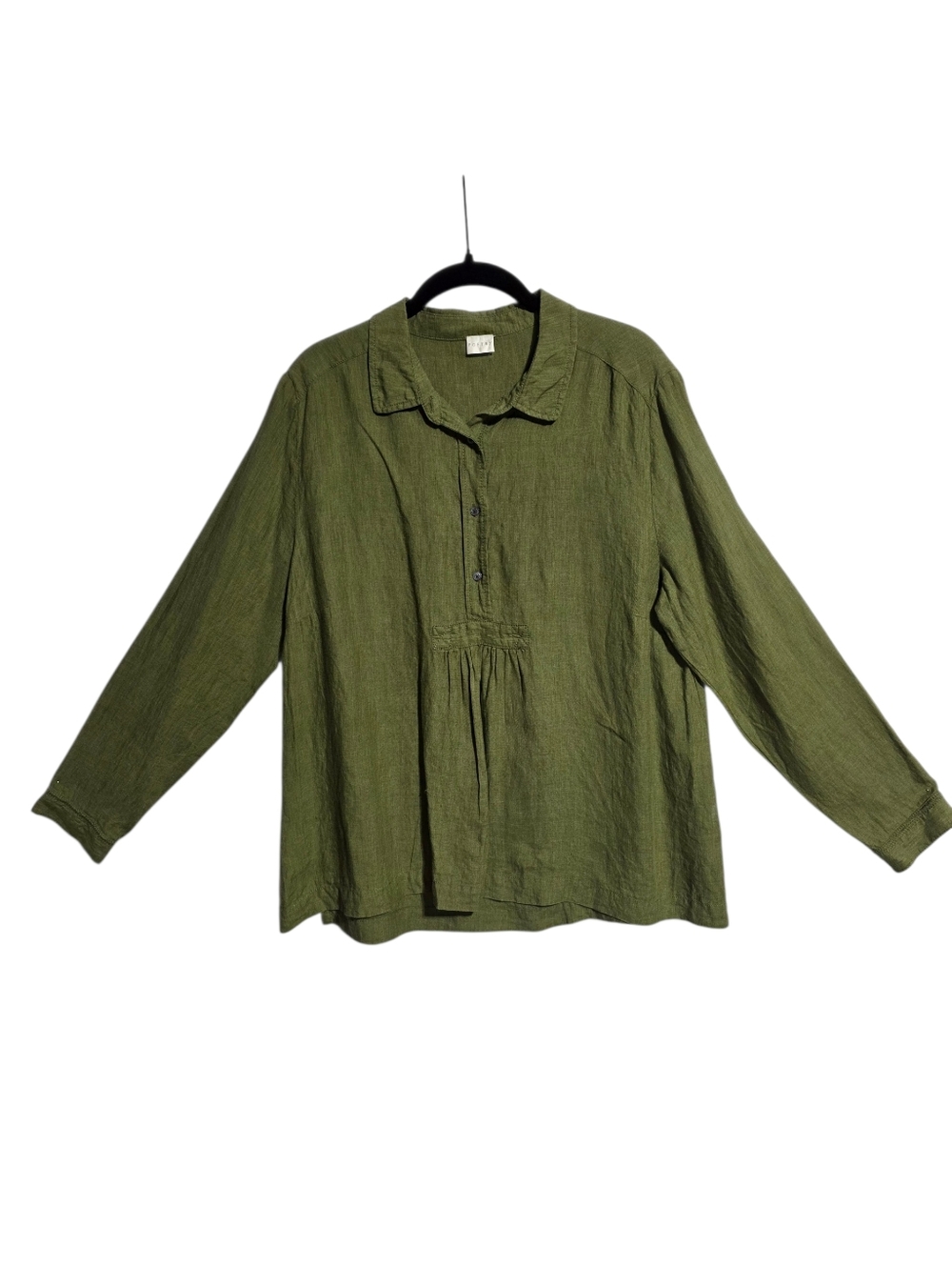 POETRY GREEN LINEN POPOVER BLOUSE LONG SLEEVE RELAXED TOP SZ 12